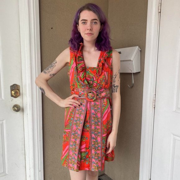 1960s Pink Green And Orange Mini Dress - Picture 1 of 4